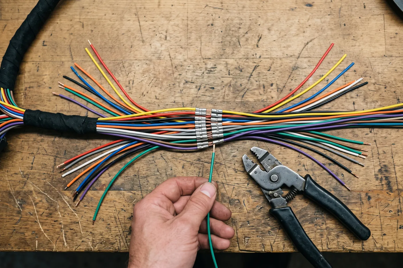 Two wiring pigtails being joined on a workbench, wire by wire, away from the vehicle.